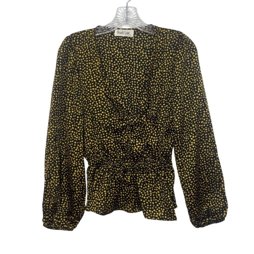 Peach Love Floral Ditsy Print Peplum Blouse Medium Black Yellow New WOT